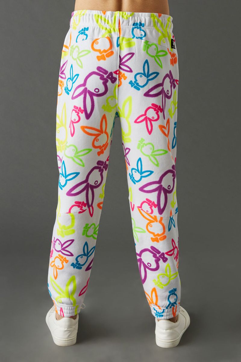 Calça De Moletom Playboy Neon Bunny Print Jogger Masculino Branco | CXFVZ9472