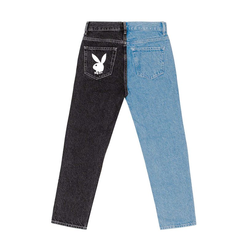 Calça Jeans Playboy Two-Tone Ultra High Waisted Slim Fit Feminino Azuis Pretas | YTUGQ1608