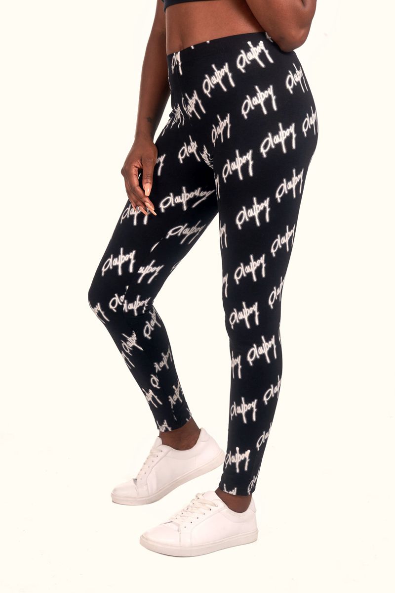 Calças Playboy Graffiti Script Legging Feminino Pretas Branco | GOCLR2781