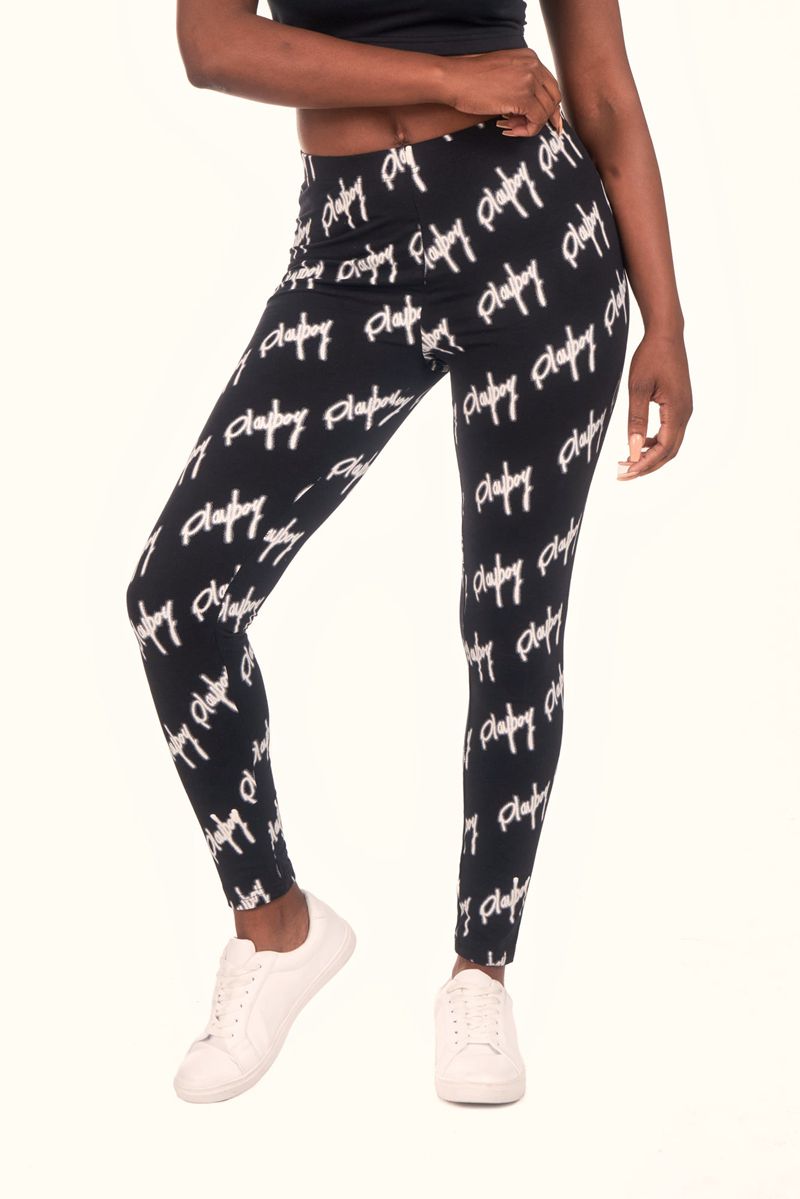 Calças Playboy Graffiti Script Legging Feminino Pretas Branco | GOCLR2781