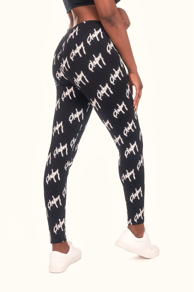 Calças Playboy Graffiti Script Legging Feminino Pretas Branco | GOCLR2781