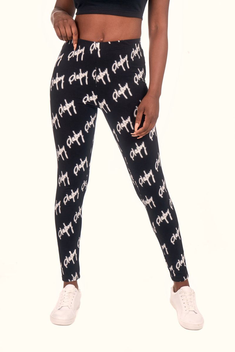 Calças Playboy Graffiti Script Legging Feminino Pretas Branco | GOCLR2781