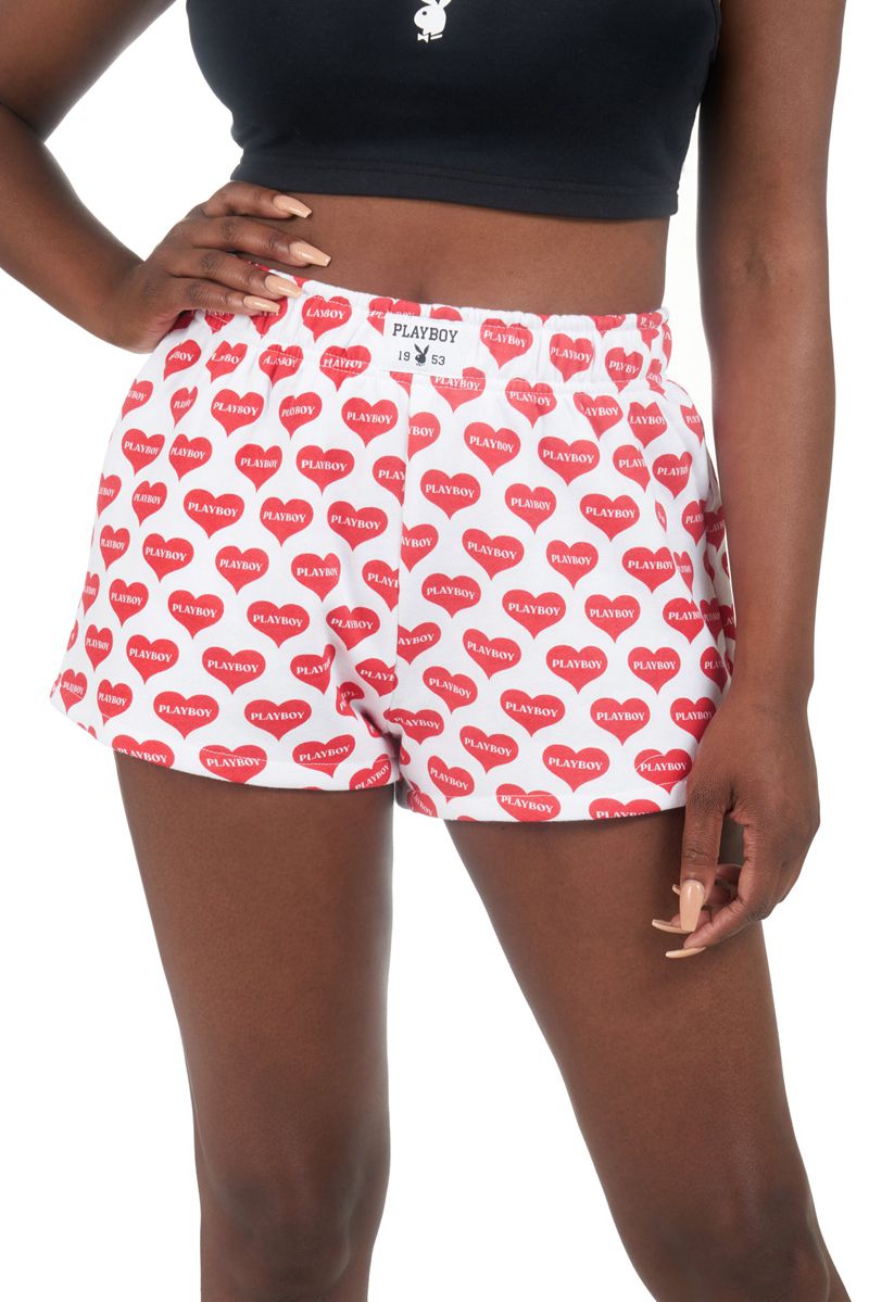 Calções Playboy Heart Lounge Boxers Feminino Vermelhas Branco | ABQCU5407