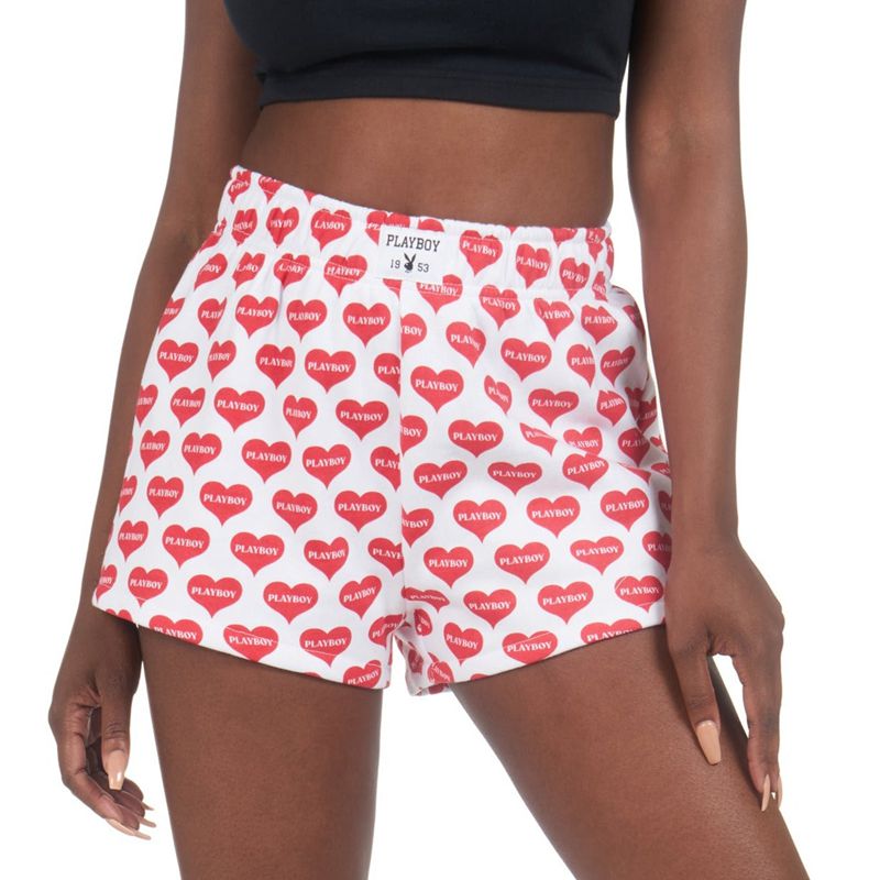 Calções Playboy Heart Lounge Boxers Feminino Vermelhas Branco | ABQCU5407