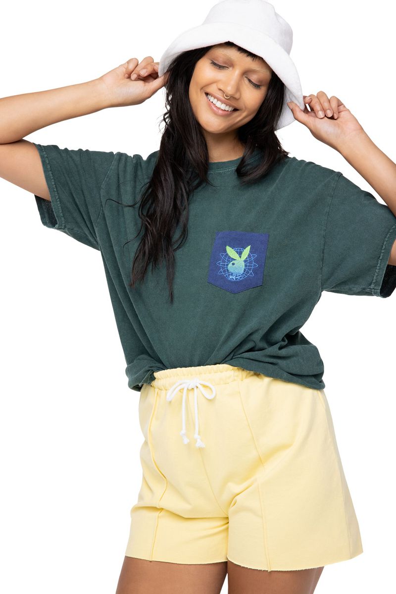 Camiseta Playboy Contrast Pocket Tee Feminino Pretas Verdes | TEJCZ4017