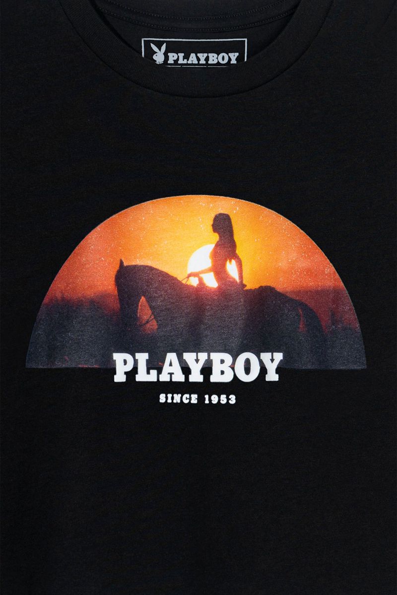 Camiseta Playboy December 1972 Playmate Mercy Rooney Sunset Rider Feminino Pretas | VNLKF3169