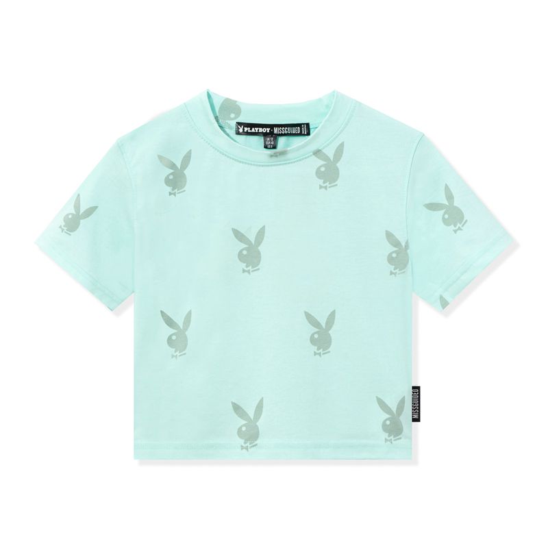 Camiseta Playboy Missguided Rabbit Head Ringer Feminino Verdes | XVQDW1587