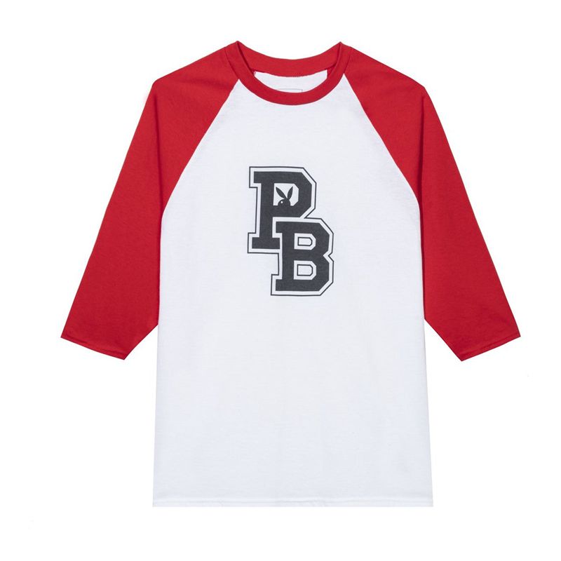 Camiseta Playboy Varsity Letras Raglan Feminino Branco Vermelhas | TOXBI5871