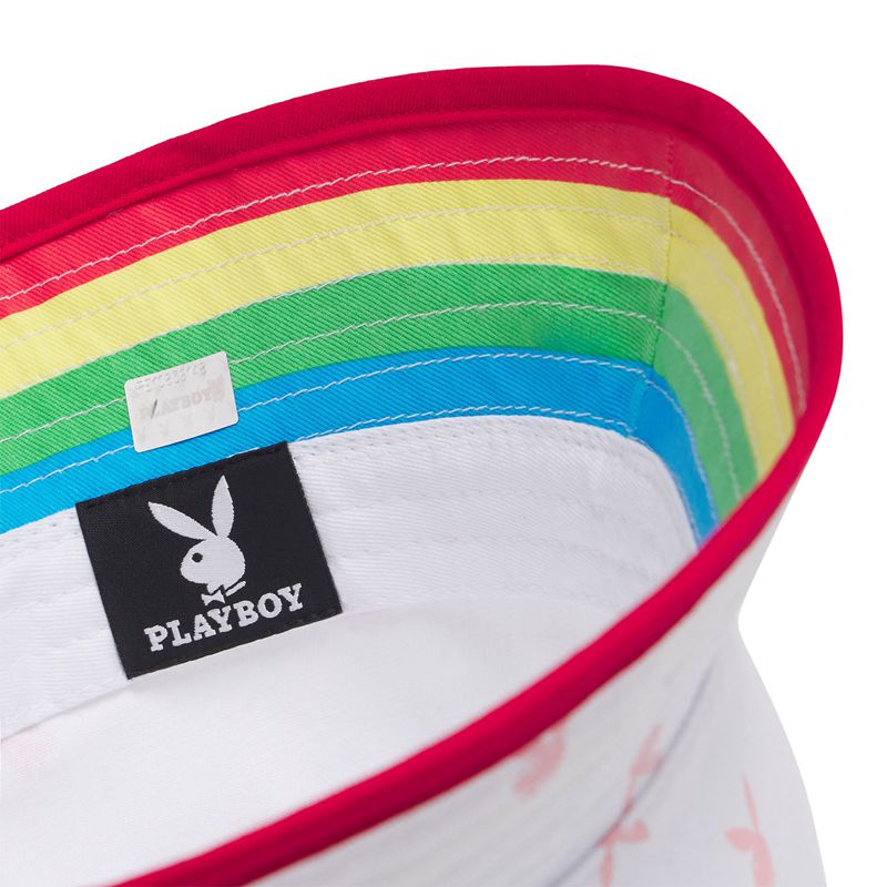 Chapeus Playboy Rainbow Lining Rabbit Head Bucket Masculino Branco Rosa | MBUJT8356