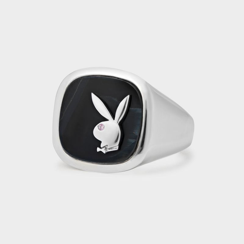 Joalheria Playboy Hawk\'s Eye Membership Ring 1 Masculino Prateadas | MUSNR4189