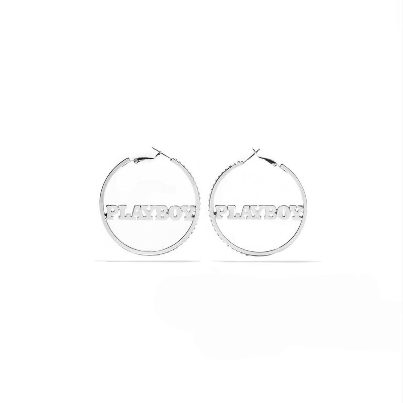 Joalheria Playboy Masthead Nameplate Hoop Earrings Feminino Prateadas | CNQKT1642