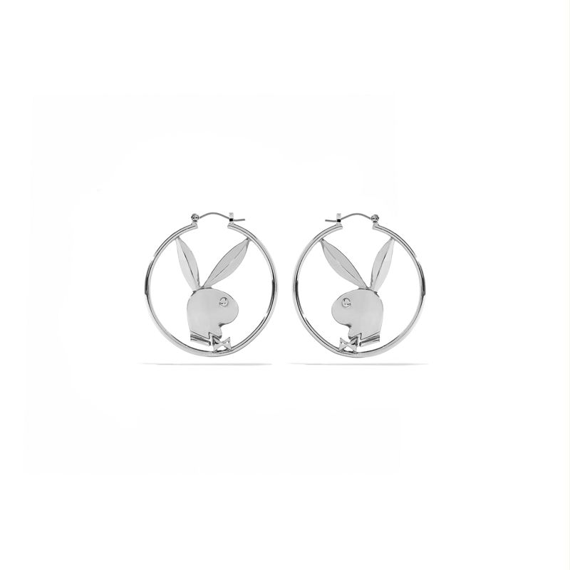 Joalheria Playboy Rabbit Head Hoop Earrings Feminino Prateadas | KDHAS0948