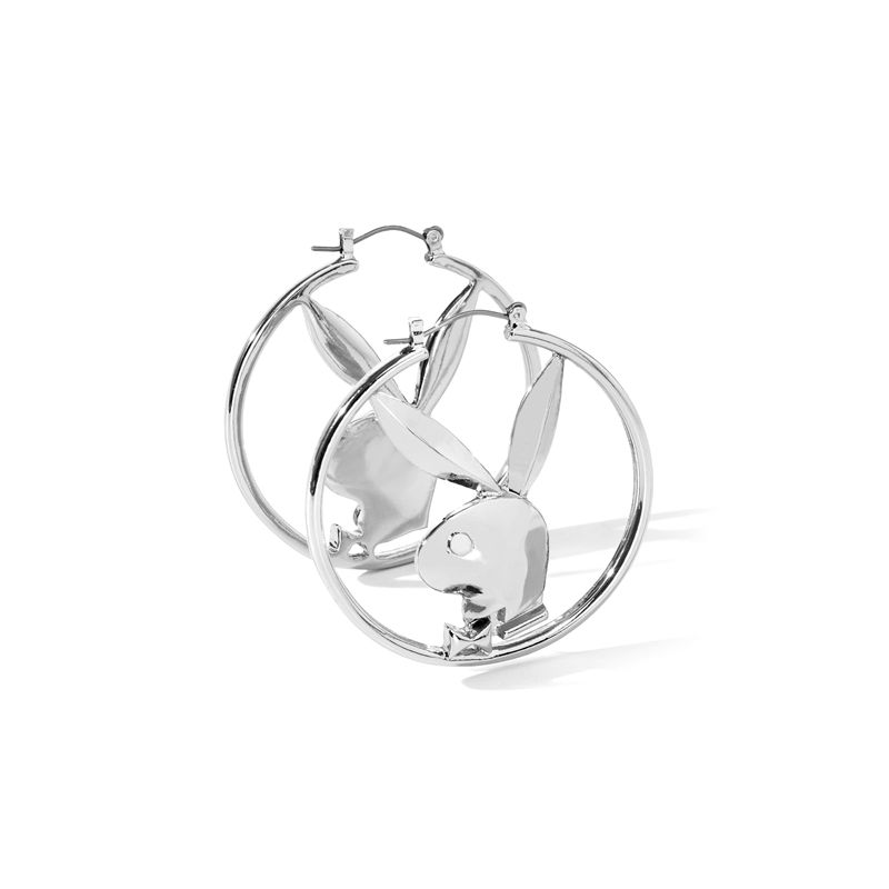 Joalheria Playboy Rabbit Head Hoop Earrings Feminino Prateadas | KDHAS0948