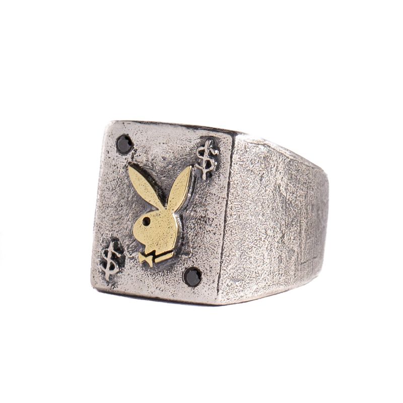 Joalheria Playboy Rabbit Head Ring With Onyx Stones Masculino Metal | GEROY3948