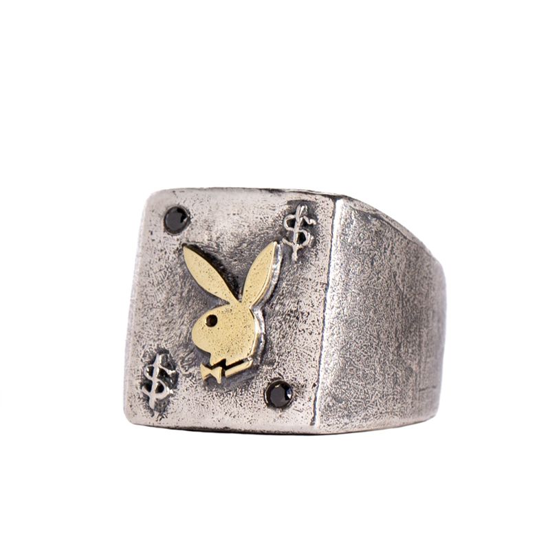 Joalheria Playboy Rabbit Head Ring With Onyx Stones Masculino Metal | GEROY3948