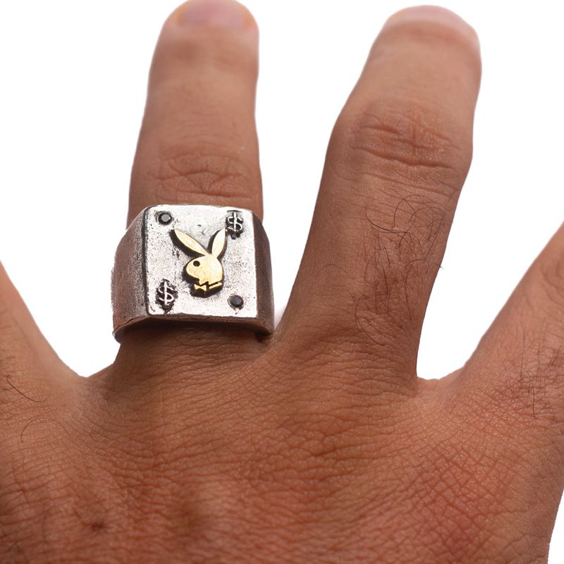 Joalheria Playboy Rabbit Head Ring With Onyx Stones Masculino Metal | GEROY3948