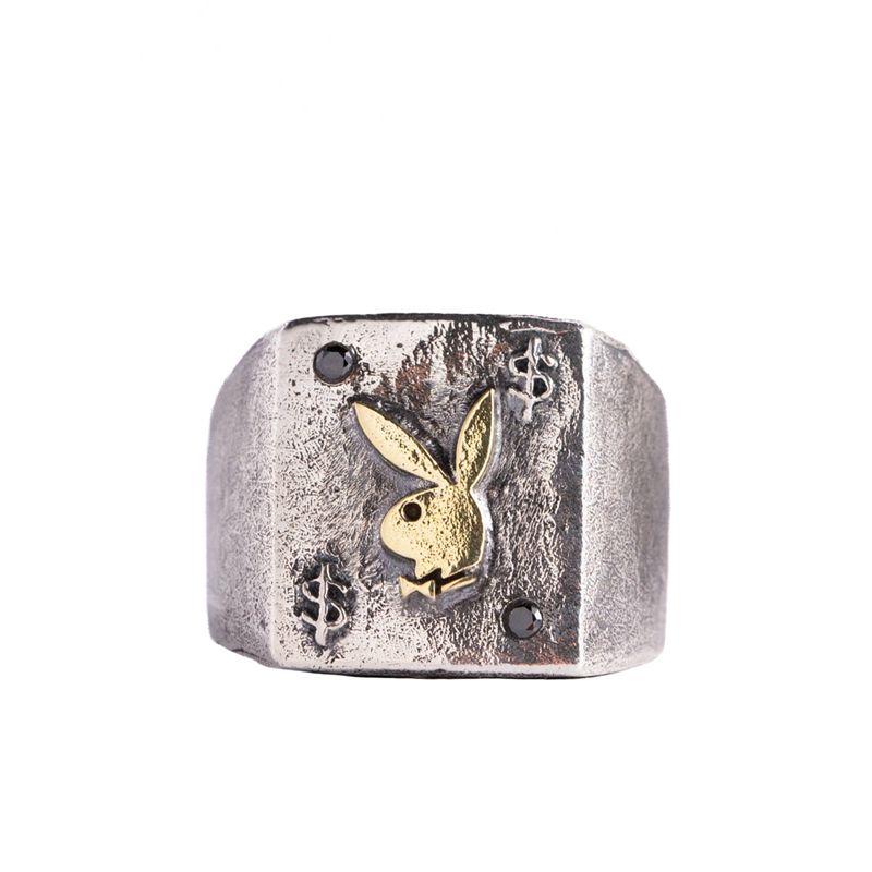 Joalheria Playboy Rabbit Head Ring With Onyx Stones Masculino Metal | GEROY3948