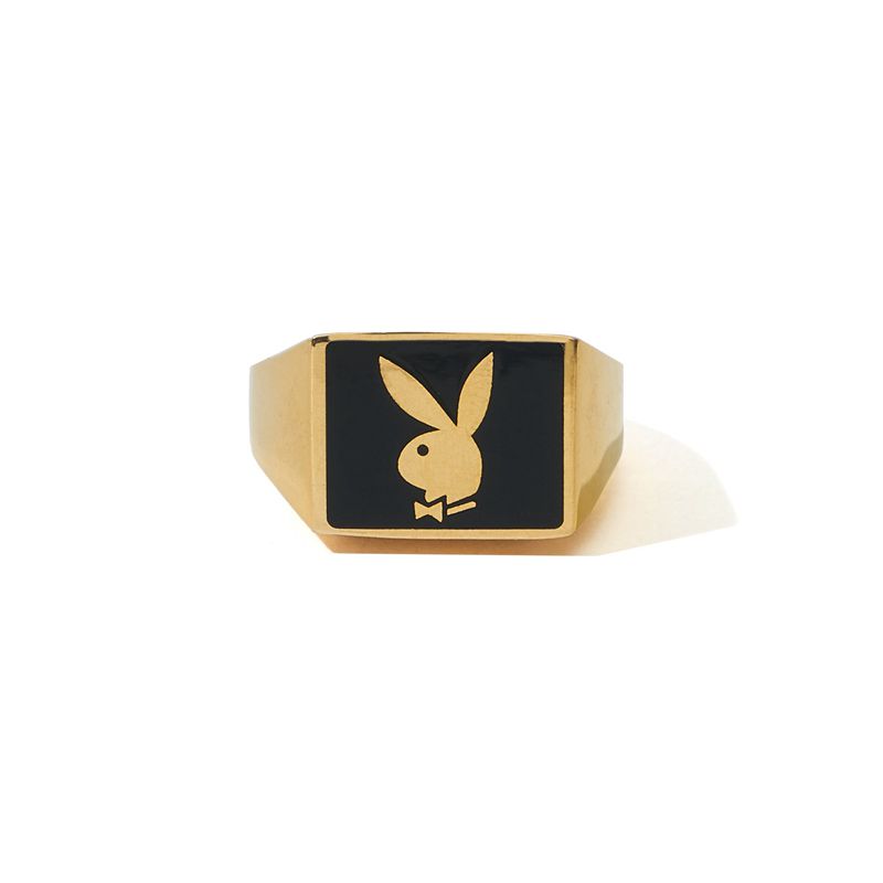 Joalheria Playboy Rabbit Head Signet Member's Ring Masculino Douradas | YJCLT6180