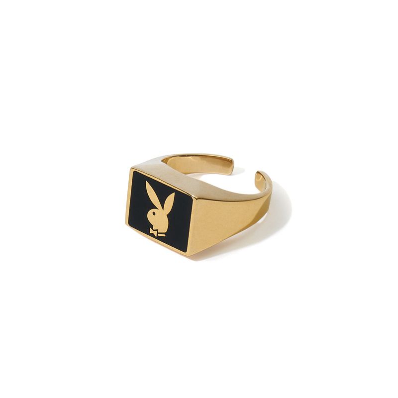 Joalheria Playboy Rabbit Head Signet Member's Ring Masculino Douradas | YJCLT6180