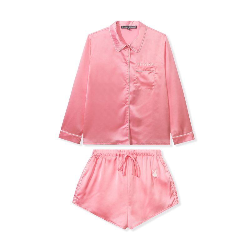 Loungewear Playboy Satin Pajama Set Feminino Rosa | CBYST9340