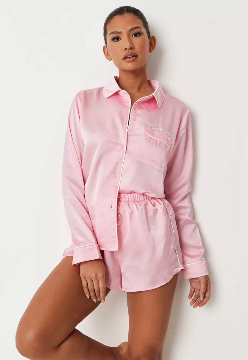 Loungewear Playboy Satin Pajama Set Feminino Rosa | CBYST9340