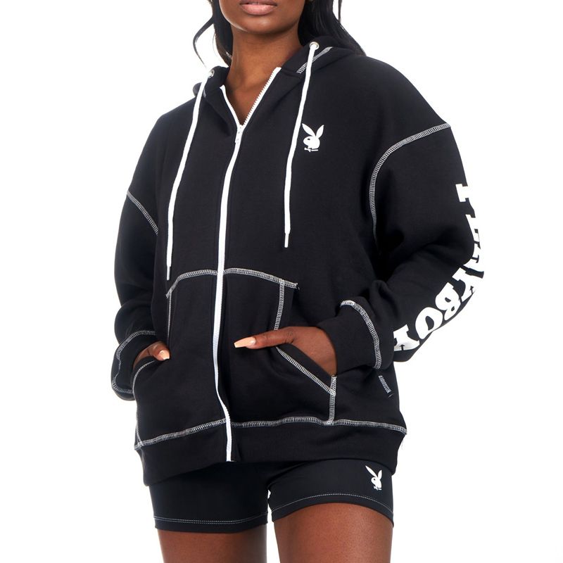 Moletom Com Capuz Playboy Active Zip Through Feminino Pretas | LOEHQ8931