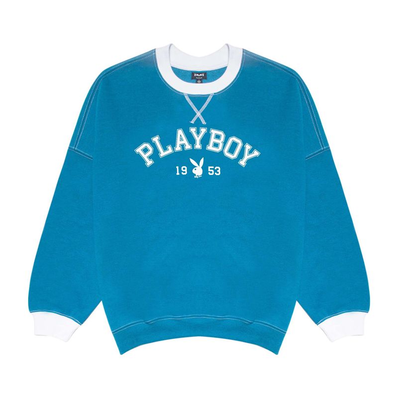 Moletom Com Capuz Playboy Contrast 1953 Crewneck Feminino Azuis | HQMYR0681