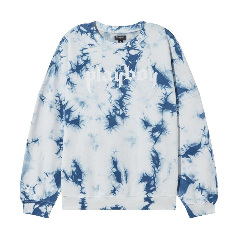 Moletom Com Capuz Playboy Crystal Tie-Dye Crewneck Feminino Azuis | KZQOI4598