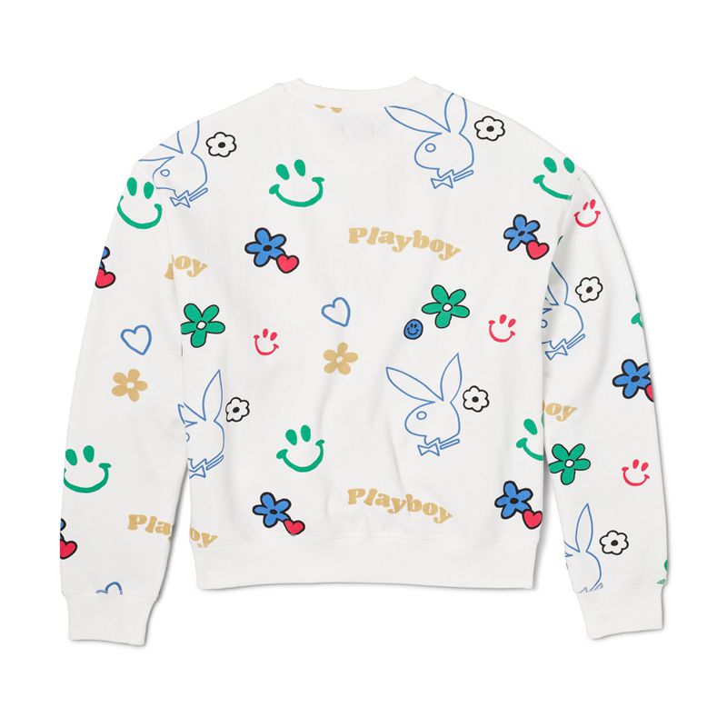 Moletom Com Capuz Playboy Doodle Crew Neck Feminino Branco Multicoloridas | AHWFK9025