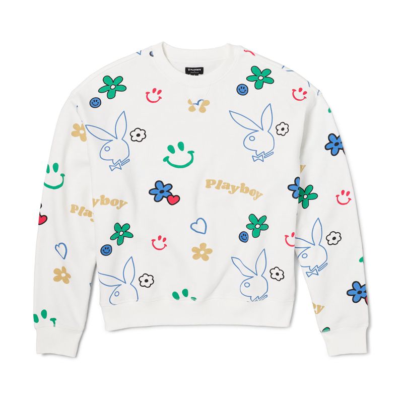 Moletom Com Capuz Playboy Doodle Crew Neck Feminino Branco Multicoloridas | AHWFK9025