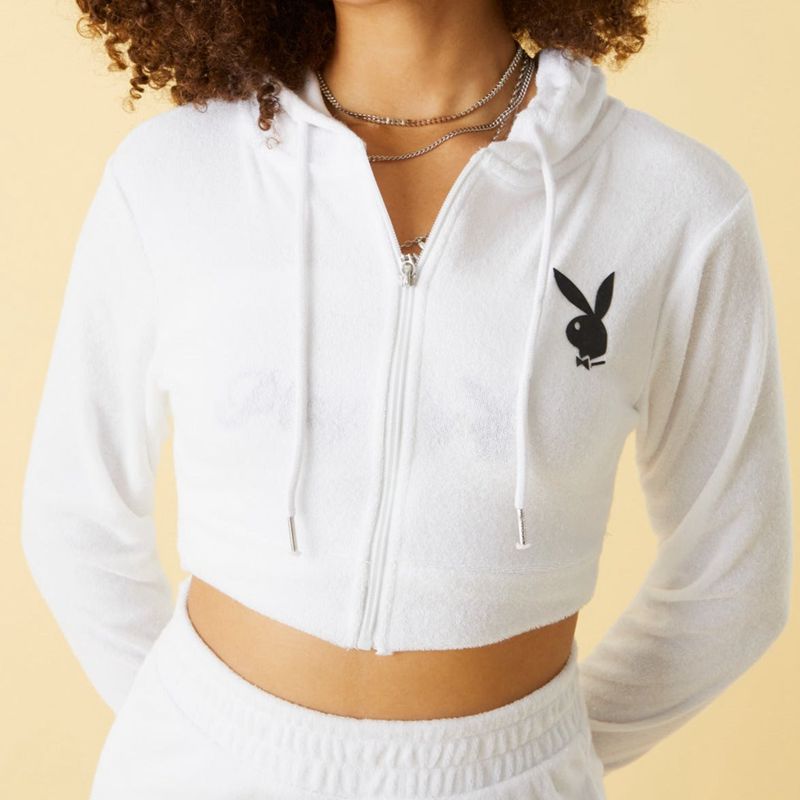 Moletom Com Capuz Playboy Terry Zip Up Crop Feminino Marrom | XHVIB2395