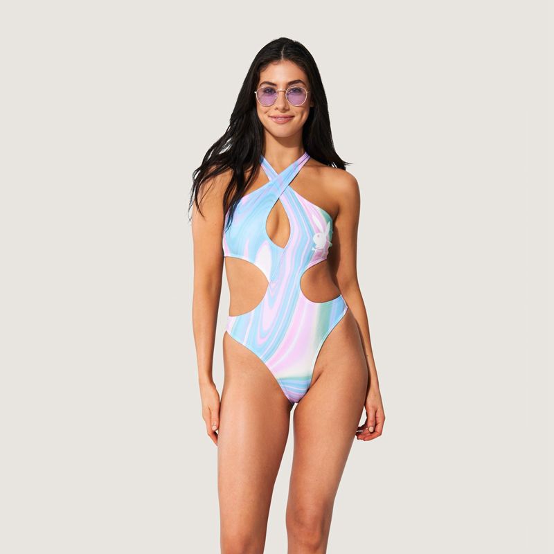 Roupa De Banho Playboy Cut Out Cross Halter One Piece Feminino Multicoloridas | DNZAL8275