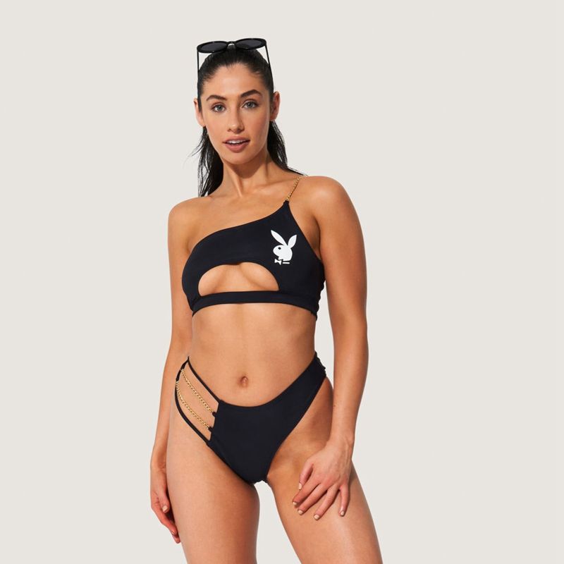 Roupa De Banho Playboy One Shoulder Cut Out Chain Bikini Feminino Pretas | WNACO1674