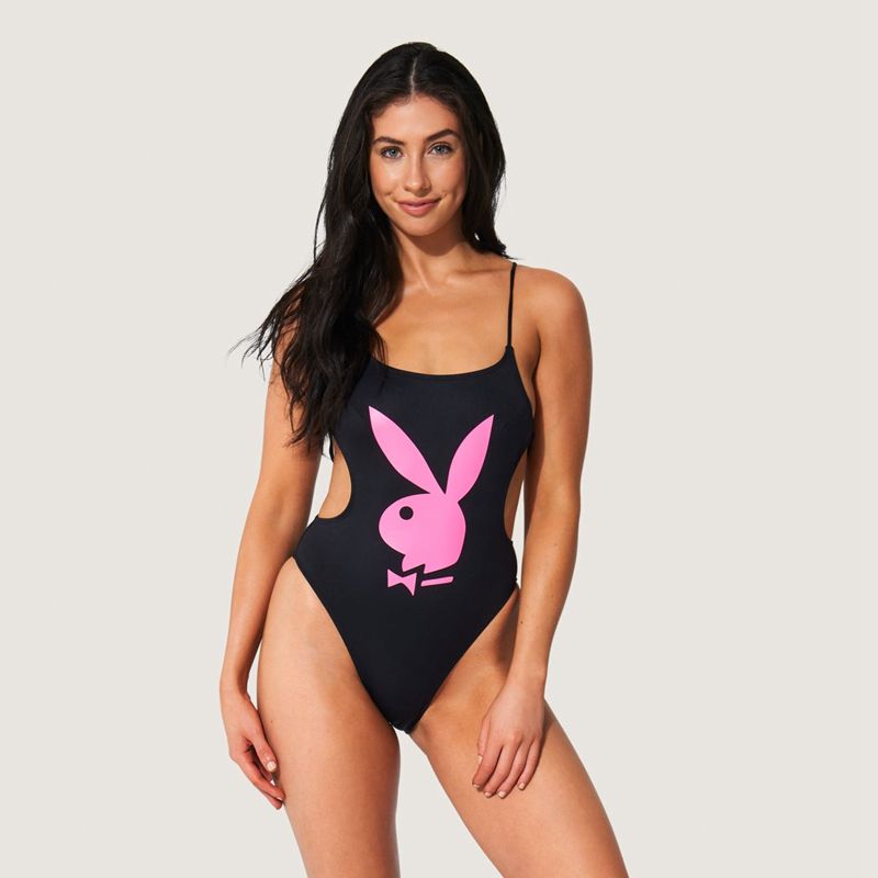 Roupa De Banho Playboy Renda Up Back Bunny One Piece Feminino Pretas Branco | QWNVM8091