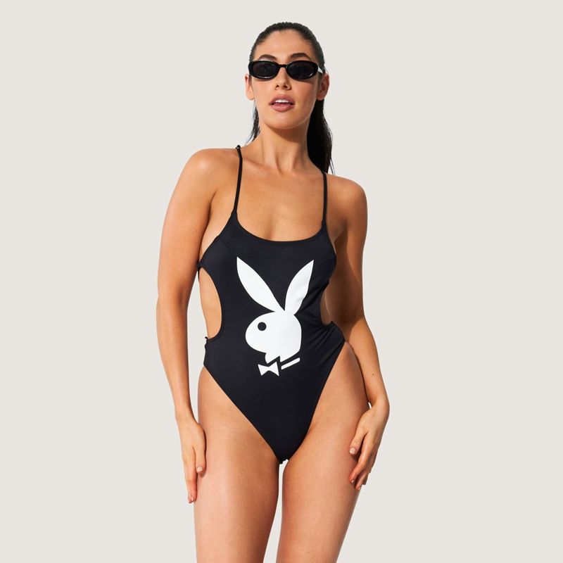 Roupa De Banho Playboy Renda Up Back Bunny One Piece Feminino Pretas Branco | QWNVM8091