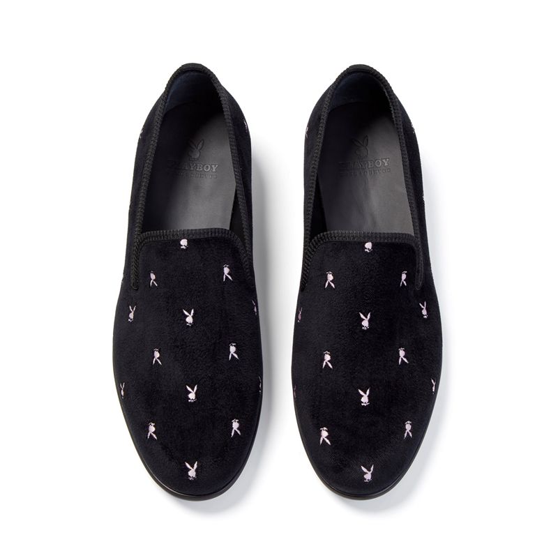 Sapatos Playboy Duke + Dexter Velvet Mini Rabbit Head Loafers Masculino Pretas Branco | UOWTX4172