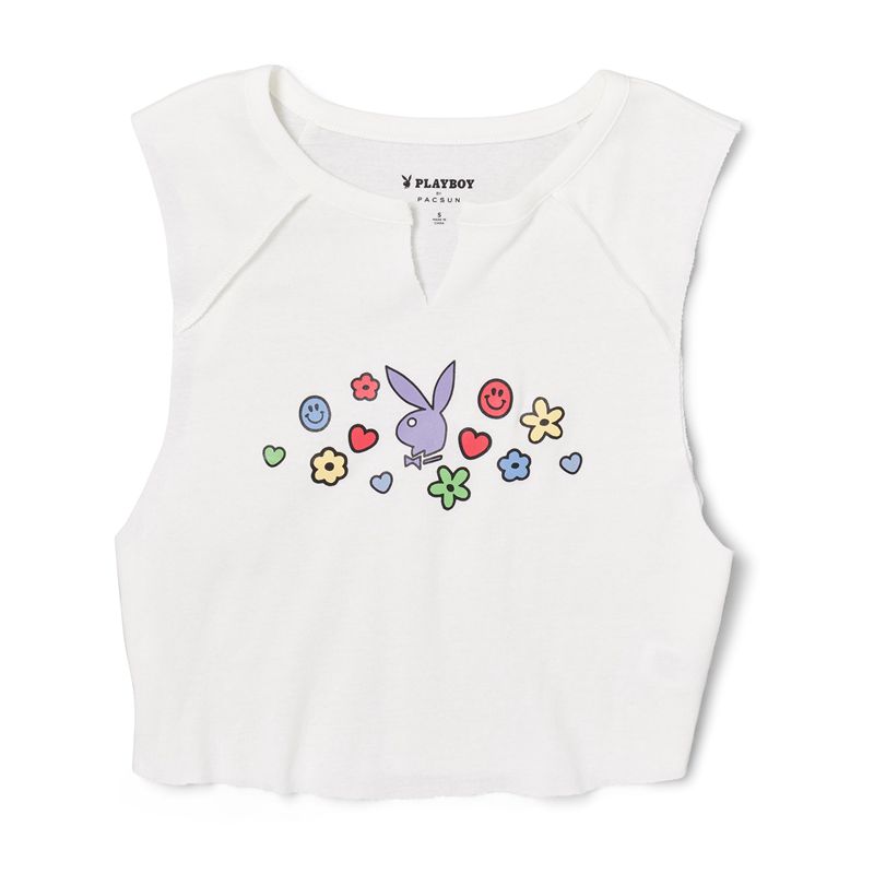 Tank Playboy Doodle Notched Raglan Feminino Branco | TXUGM3921