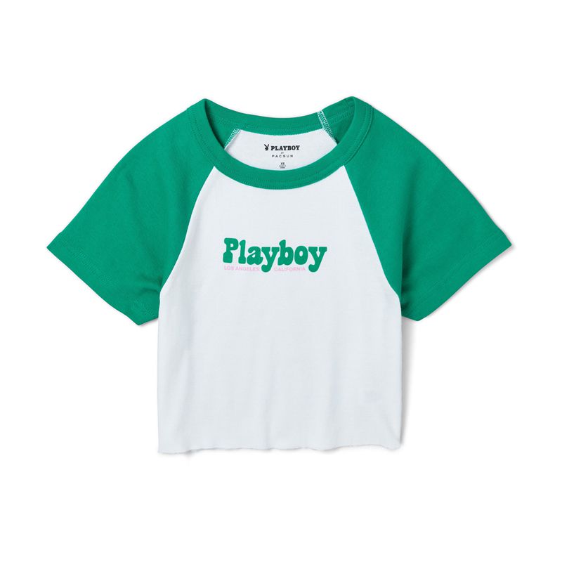 Camiseta Playboy Island Raglan Feminino Branco Verdes | UQIOH0543