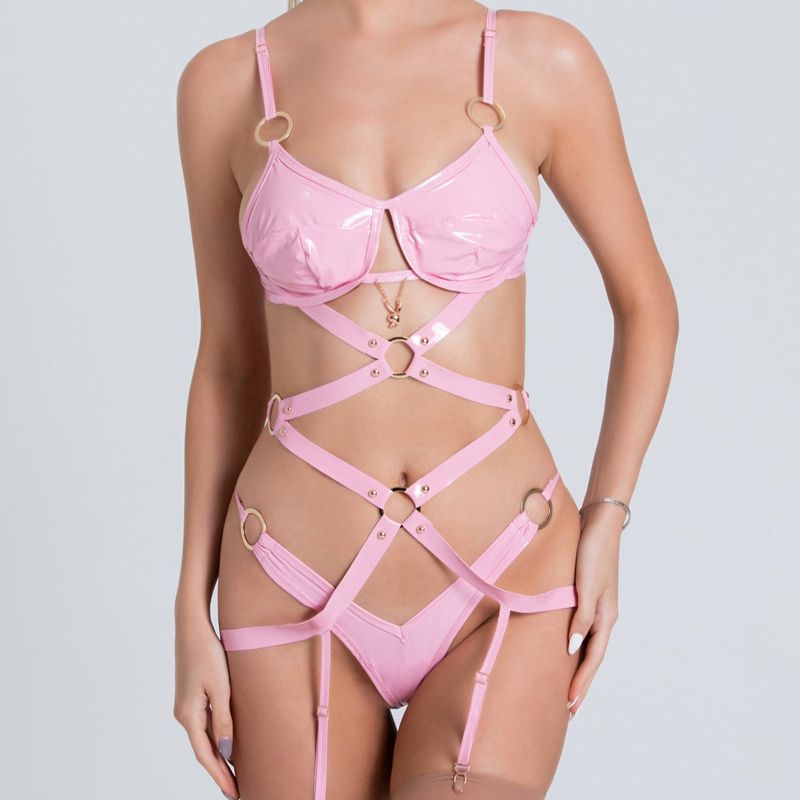 Lingerie Playboy Vinyl Garter Teddy Feminino Rosa | AFWSV3607