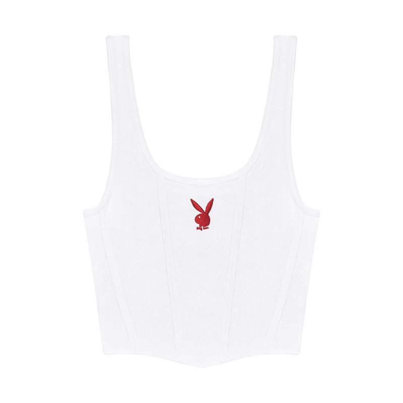 Tank Playboy White Corset Ribbed Feminino Branco | FLGRJ8275